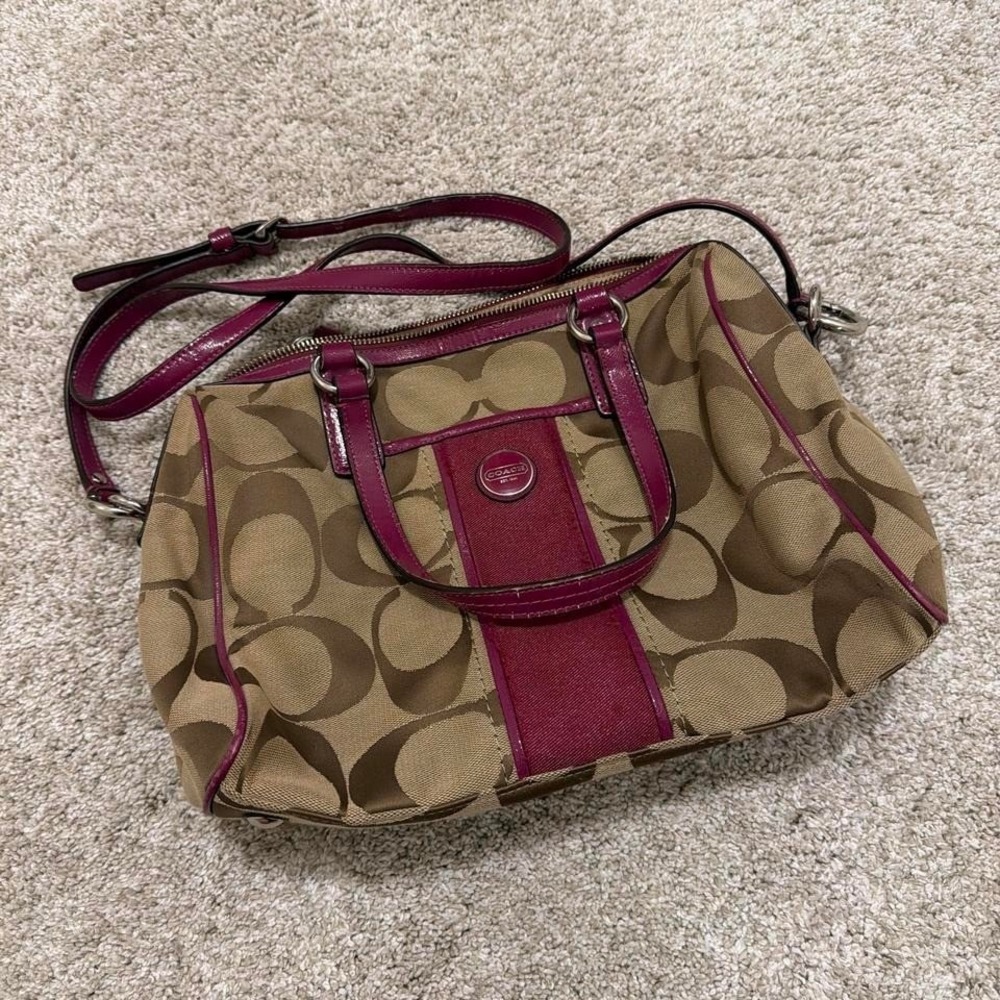 Coach Signature Stripe Satchel Handbag | Passion Berry